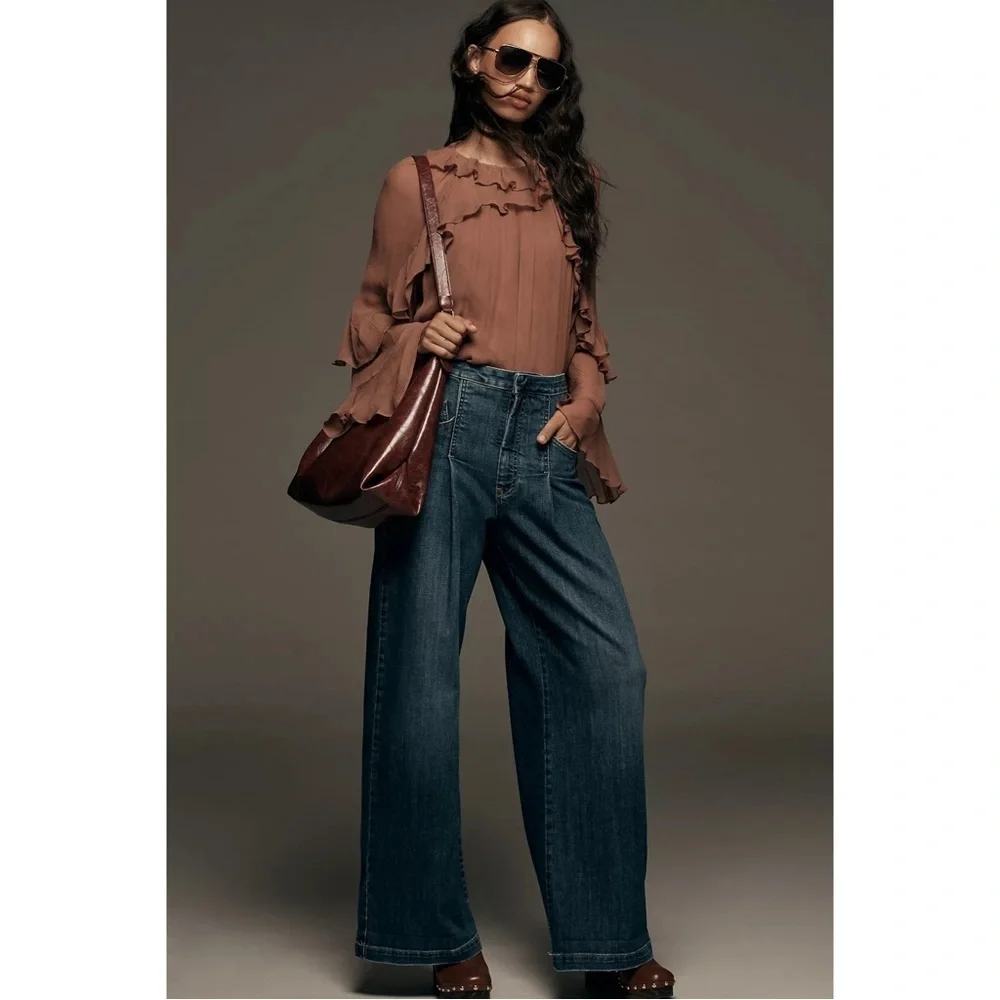 Anthropologie Pilcro Emory Pleated High Rise Wide Leg Trouser Jeans Dark Wash 28 - Picture 6 of 9